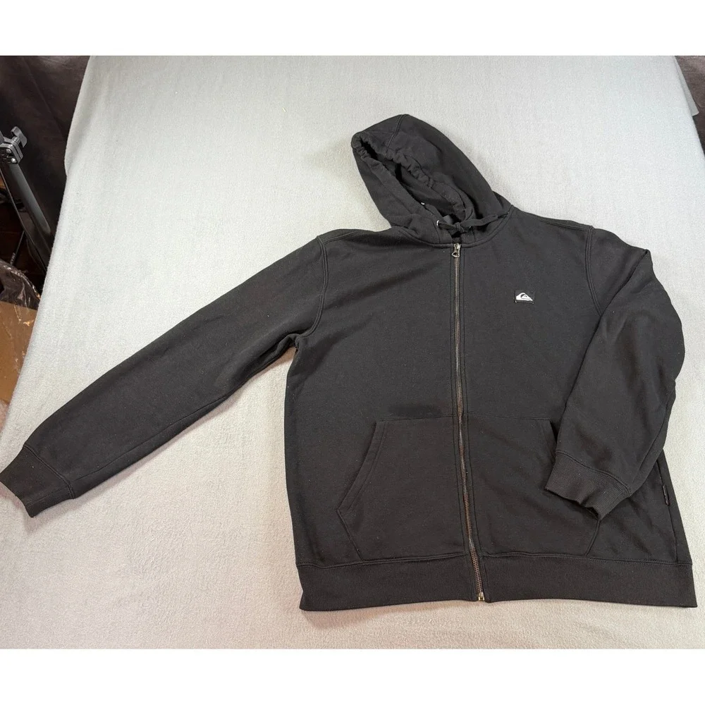 Quiksilver Mens Full Zip‎ Hoodie Black Fleece Logo Sweatshirt Large